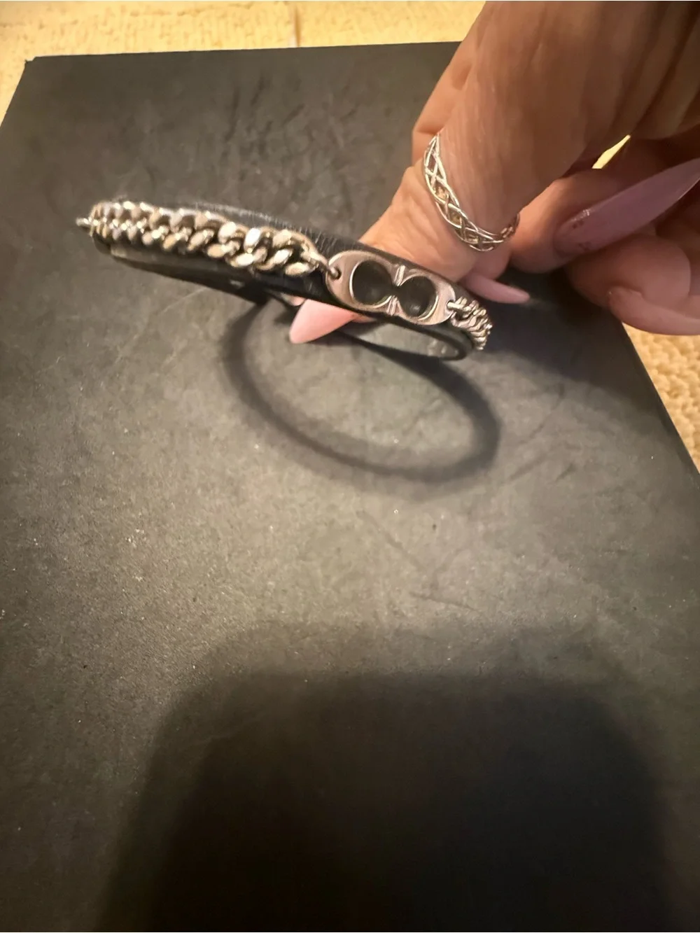 Coach Black Leather Bracelet with Silver Chain Accent